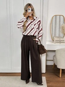 Easowa Asymmetrical Striped Print Casual Loose Commuter Vintage Style Women Shirt With Collar, Pocket, Button Front, Long Sleeve Striped Blouse Striped Shirt Diagonal Stripe Blouse Diagonal Stripe Shirt Office Blouse - Multicolor - View 4