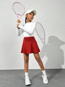 SHEIN Girls' Navy Blue Skirt With Soft, Stretchy Shorts Lining, Suitable For Outdoor/Indoor Sports, Dance, Tennis And Other Activities - Red - View 6