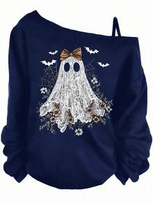 EMERY ROSE 休闲简约纯色蝙蝠幽灵印花露肩长袖T恤，加大码，适合秋冬季 - 藏蓝色 - 查看 3