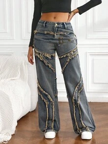 SHEIN Tall Women's Contrast Color Vintage Style Casual Everyday Denim Jeans - Blue - View 5