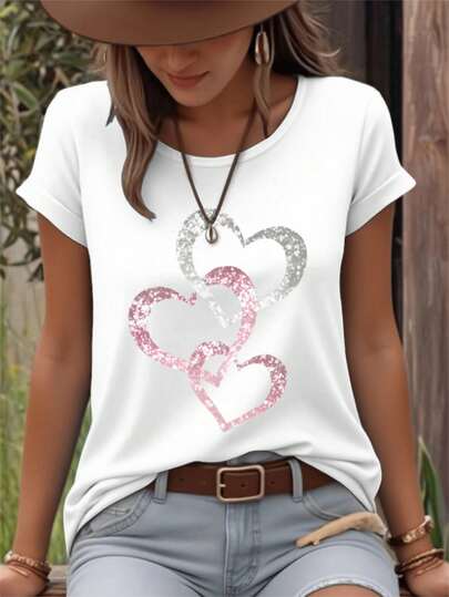 EMERY ROSE Women's Heart Pattern Printed Round Neck Short Sleeve Casual T-Shirt For Summer For New Year Clothes Graphic Tees Women Tops