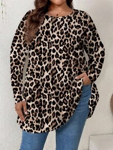 Firerie Elegant Casual Leopard Print Loose Long Sleeve Round Neck Solid Color Basic Umbrella Hem T-Shirt, Suitable For Homewear And Vacation Plus Size Oversized Leopard Shirt Plus Size Leopard Shirt Plus Size Animal Print Shirt Leopard Print Plus Size Leopard Print Tunic Plus Size Leopard Print Tunic Top Plus Size Animal Print Top Plus Size Leopard Top Cheetah Print Plus Size Plus Size Oversized Shirts Animal Print Plus SizeIn Spring - Multicolor - View 1
