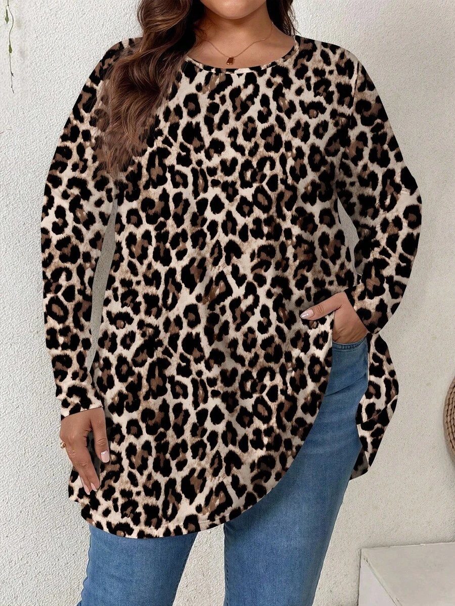 Firerie Elegant Casual Leopard Print Loose Long Sleeve Round Neck Solid Color Basic Umbrella Hem T-Shirt, Suitable For Homewear And Vacation Plus Size Oversized Leopard Shirt Plus Size Leopard Shirt Plus Size Animal Print Shirt Leopard Print Plus Size Leopard Print Tunic Plus Size Leopard Print Tunic Top Plus Size Animal Print Top Plus Size Leopard Top Cheetah Print Plus Size Plus Size Oversized Shirts Animal Print Plus SizeIn Spring - Multicolor - View 1