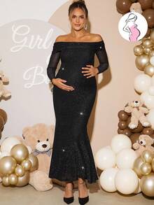 Loomaby 孕妇纯色亮片露肩长袖鱼尾下摆修身优雅连衣裙