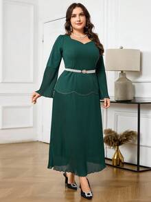 Modelyn Plus Size Women Solid Color Sweetheart Neck Long Sleeve Pleated Hem Elegant Dress - Green - View 1