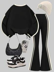 SHEIN Black, Retro Collegiate Sports Style, Cute Bow Accent, Cream White Striped Contrast, Teen Girls Casual Minimalist Thick Loose Crew Neck Sweatshirt And Flare Leg Pants 2 Piece Set, Suitable For Autumn/Winter, Autumn Outfits For , Easy Comfort, Autumn Layers For Girls, Stylish Girls, Casual Wear, Kids Graphic Clothes, Back To School, Fall Clothes, Homecoming, Suitable For Outings, Street Style, Home, And Campus