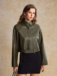 House of One Belted Cropped PU Jacket Women Autumn Winter Casual Wear