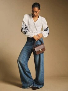 Poéselle 女士刺绣棉质衬衫，舒适翻领，纽扣门襟，白色衬衫，女士时尚休闲度假刺绣V领长袖衬衫，波西米亚风泡泡袖衬衫，夏季灯笼袖衬衫，冬季长袖衬衫，女士秋冬休闲衬衫，秋冬季白色上衣 - 白色 - 查看 5