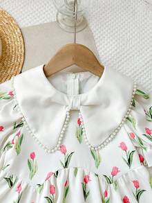 LMoss Kids LMoss Young Girl Woven Floral Patchwork Ruffle Collar Puff Sleeve Fitted Dress Tulip Dress Kids Floral Dress Girls White Dress Kids Peter Pan Collar Dress Summer Dress Girls - White - View 6