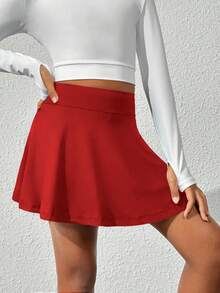 SHEIN Girls' Navy Blue Skirt With Soft, Stretchy Shorts Lining, Suitable For Outdoor/Indoor Sports, Dance, Tennis And Other Activities - Red - View 3