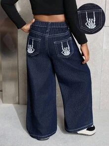 SHEIN 少女宽松骷髅手印深蓝色牛仔裤 - 深色水洗藍 - 查看 7
