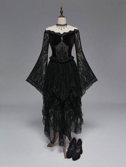 EDITION Gotischer Palast Mesh Schloss Stickerei Kontrast Spitze Off-Shoulder Trompetenärmel Samt Bluse, Halloween