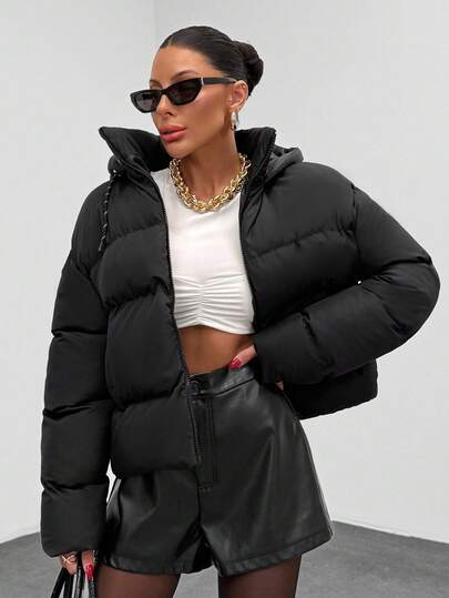 EURMUSE Women's Oversized Puffer Coat With Zipper Front, Hooded Design, Quilted Warm Winter Jacket, Faux Down Microfiber Padding, Regular Fit, Drawstring Logo Hood, Side Zip Pockets, Windproof And Water-Resistant Outerwear, Long Sleeve Cozy Parka, Street Style Fashion