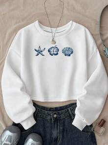 SHEIN 少女秋冬度假休闲花卉、海星和贝壳印花短款运动衫 - 白色 - 查看 2