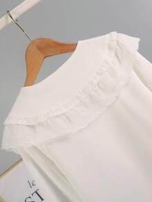Tween Girl Eyelet Embroidered Trim Statement Collar Flounce Sleeve Blouse - White - View 9