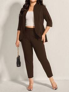 Comfylo Traje de oficina de 2 piezas de unicolor para mujer de talla grande, con blazer de 3/4 de manga y pantalones. Traje casual de negocios de talla grande en color marrón para mujer, conjunto de traje marrón de talla grande para uso en la oficina, traje de pantalón de talla grande para mujer en otoño/invierno