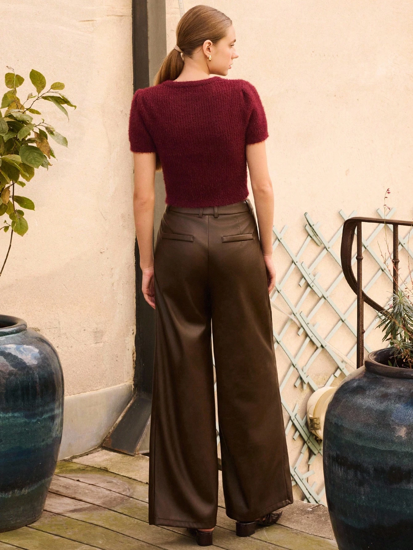 Pantaloni a vita alta a gamba ampia  marrone scuro, abbigliamento autunnale da donna per l'autunno e l'inverno