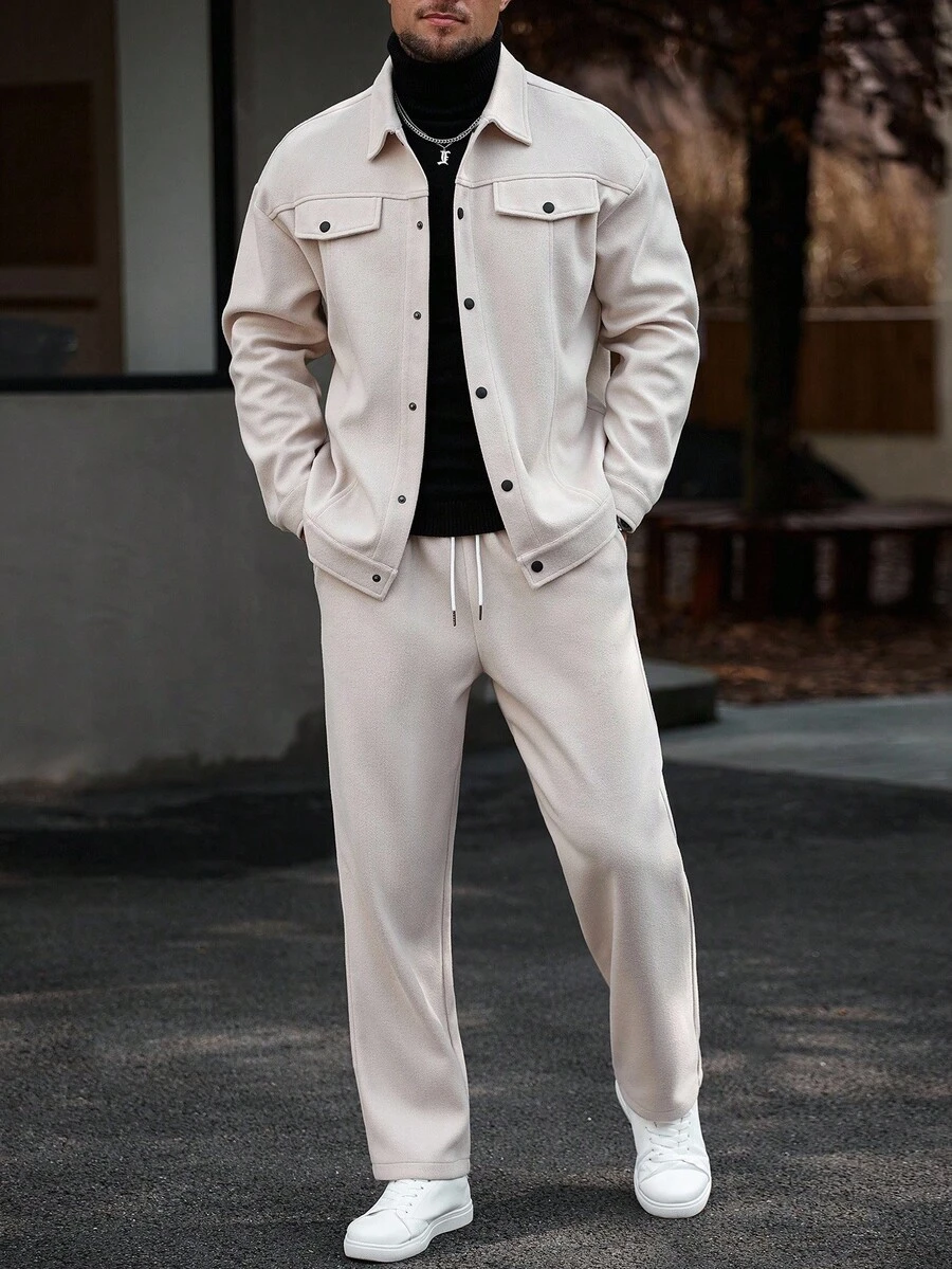 Manfinity CasualCool 男士休闲夹克和裤子套装休闲两件套，米色服装，外出套装，秋季服装