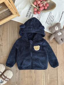 SHEIN 男婴幼儿新生儿0-3岁可爱休闲日常百搭泰迪熊刺绣羊毛连帽夹克 - 藍色 - 查看 4