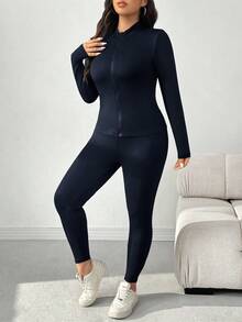 CovetEZ Plus Size Black Slimming High Elastic Leggings Set - Navy Blue - View 9