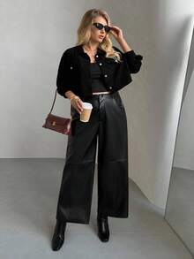 SHEIN Essnce 大碼落肩袖翻蓋細節短款牛仔夾克 - 黑色 - 查看 4