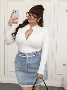 SHEIN EZwear Große Größen Stehkragen Halber Reißverschluss Langarm Gerippter Bodysuit - Weiss - Übersicht 7