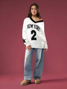 SUMWON V-Neck Oversized Knit Sweater With New York Varsity Lettering And Number Fall Winter - Black and White - View 6