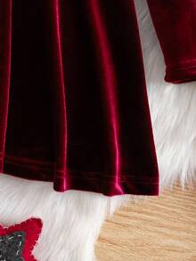 SHEIN 优雅可爱的红色天鹅绒长袖女婴连衣裙 - 酒紅色 - 查看 5