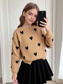 SHEIN 青少年女孩心形图案落肩圆领毛衣和纯黑色百褶裙 2 件套，适合日常穿着、返校、休闲场合，秋冬保暖，日常穿着 - 棕色 - 查看 10