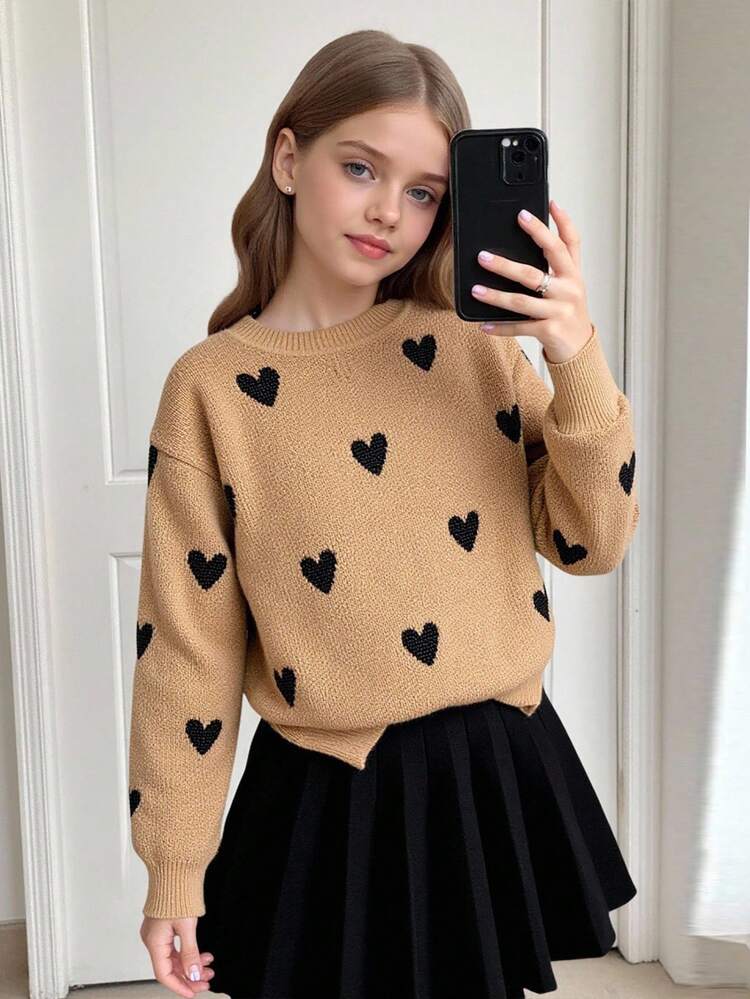 SHEIN Tween Girl Heart Pattern Drop Shoulder Round Neck Sweater And Solid Black Pleated Skirt 2 Pcs Set, For Daily Wear,Back To School, Casual Occasions, Warm For Autumn Winter, Daily Wear - Brown - View 10
