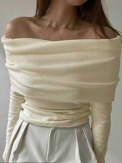 DAZY Women's Off-Shoulder Fitted T-Shirt, Autumn/Winter New Arrival Long Sleeve Top