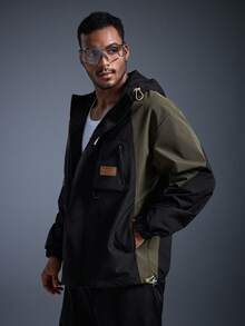 Men's Letter Graphic Color Block Drawstring Hooded Jacket, Casual For Autumn - Black - View 4