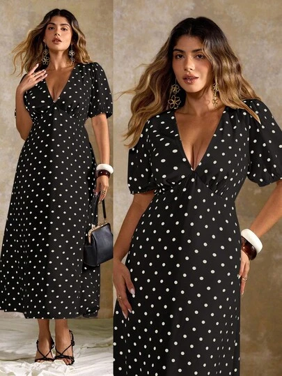 Roveilla Plus Size Elegant Minimalist Polka Dot V-Neck Short Sleeve Dress Polka Dot Dress Women Plus Size Dress Black And White Polka Dot Dress Plus Size Polka Dot Dress V Neck Polka Dot Dress