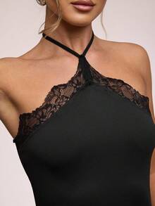 SHEIN BAE Áo ba lỗ ren chắp vá cổ yếm màu trơn dành cho nữ - màu đen - Xem 3