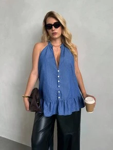 SHEIN Privé 大码女式夏季无扣V领无袖牛仔衬衫 - 中等水洗藍 - 查看 5