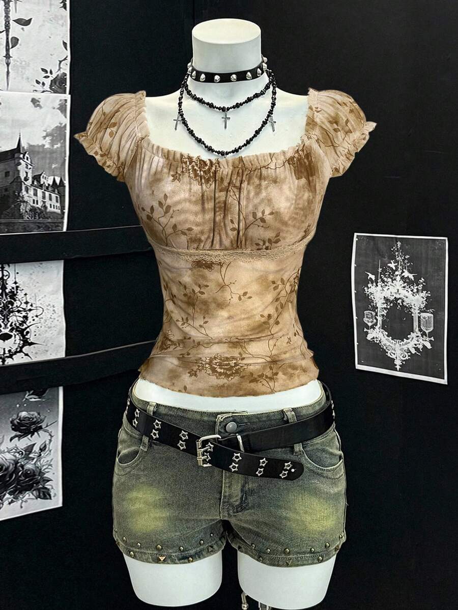 EgrlEra Áo thun nữ ôm sát gợi cảm cổ điển, tay bồng, cổ vuông, họa tiết lưới và ruy băng - Màu be - Xem 1