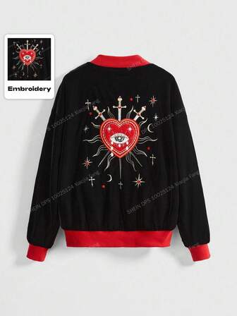 Goth Chaqueta de terciopelo negro con cuello cuadrado, bordados de corazón, gema, lágrima de cristal y estrella, en estilo gótico palaciego para mujer
