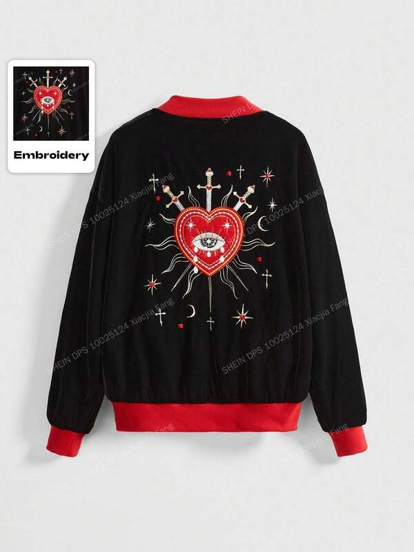 ROMWE Gothic Palace Style Women's Black Velvet Jacket With Heart, Gem, Crystal Teardrop, Star Embroidery And Square Neck Collar