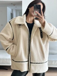 Livesso Autumn/Winter New Loose Casual Faux Shearling Motorcycle Jacket For Women Coats - Beige - View 3