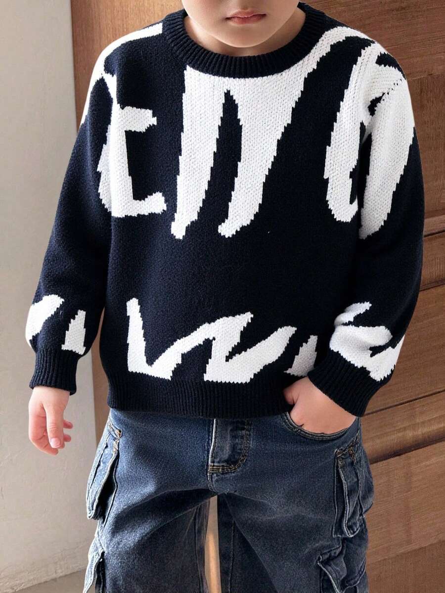 SHEIN 年轻男孩休闲舒适百搭可爱毛衣,厚针织适合秋冬季 - 黑與白 - 查看 1