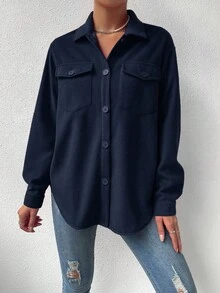 SHEIN LUNE 女士纯色长袖单排扣休闲宽松大衣，秋冬 - 寶藍色 - 查看 4