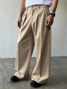 Manfinity Homme Men's Casual Solid Color Pleated Pants High Waisted Pants Oversized Pants Loose Pants, Fall - Khaki - View 4