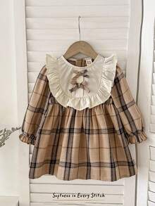 Cozy Pixies Baby Girl Brown Plaid Bow Contrast Color Peter Pan Collar Long Sleeve Waist Dress Fall Winter