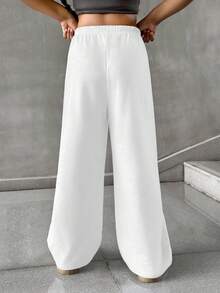 SHEIN 青少年女孩简约前系带宽松运动裤，休闲日常穿着 - 白色 - 查看 2