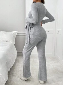 SHEIN 2件套孕妇纯色圆领长袖罗纹开叉休闲上衣和裤子套装 - 淺灰色 - 查看 2