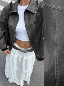 SHEIN EZwear 灰色冬季夹克女式宽松拉链领黑色仿皮夹克，休闲黑色皮夹克女式皮夹克 - 黑色 - 查看 6