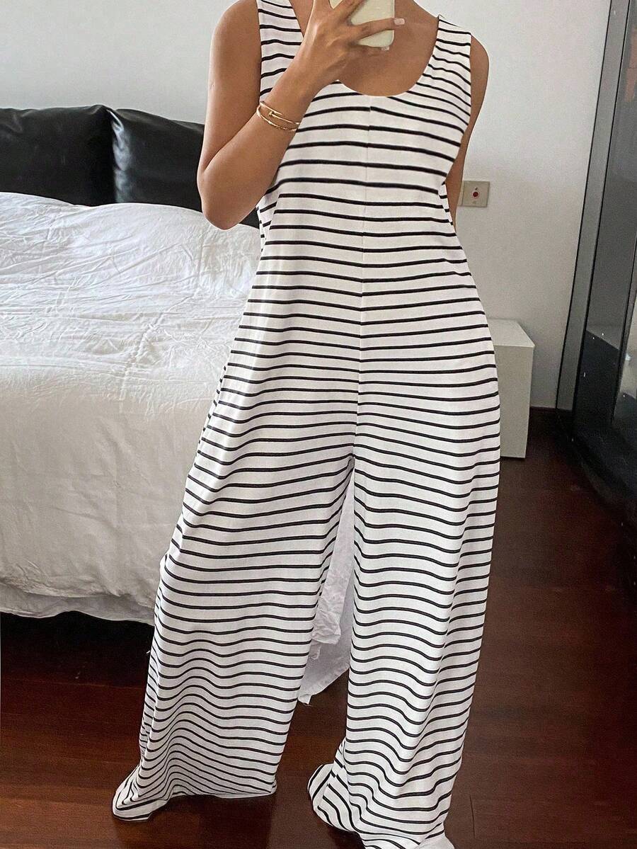 Livesso Striped Sleeveless Loose Comfy Jumpsuit Loungewear Pajama - Black and White - View 1