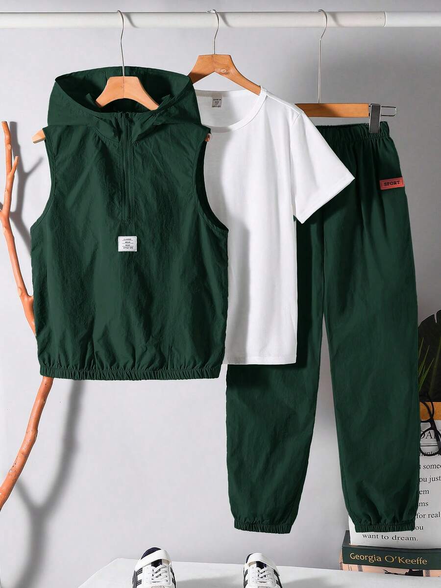 SHEIN 3pcs Dark Green Autumn Athletic Vacation Casual Collegiate Soft Hoodie Vest,Elastic Waist Pants Set With Bonus T-Shirt,Minimalist Multi-Pack Fashion - Dark Green - View 1