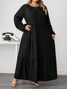 SHEIN CURVE+ Plus Size Women's Spring Summer Solid Round Neck Lantern Sleeve Ruffle Hem Loose Casual Dress Maxi Women Outfit/Autumn /Winter