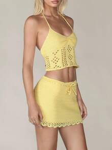 Aloruh 女士春夏度假奶油黄钩针镂空V领比基尼露背交叉吊带背心和超低腰迷你紧身钩针裙度假两件套，毛衣套装，沙滩度假装 - 黃色 - 查看 4